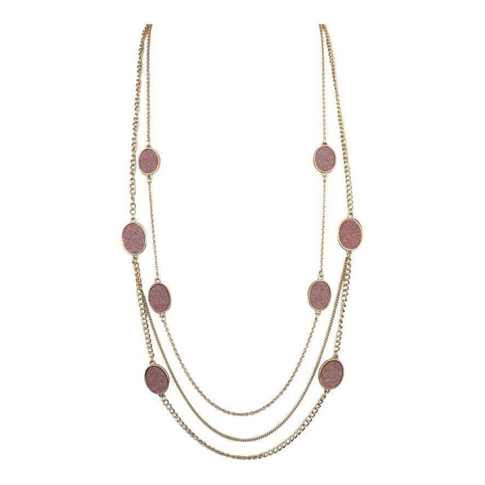 New Gold Tone Multi Strand Necklace Pink Glitter Oval  Layered NWOT - 1U
